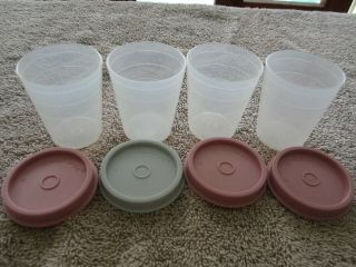Tupperware 101 4 Midget Sheer Containers With 1 Gray,  3 Mauve Pink Lids 2 0z.