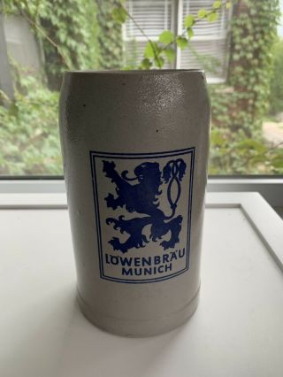 Lowenbrau Muenchen 1 Litre Beer Mug Stein Salt Glazed Stoneware Germany 1970s