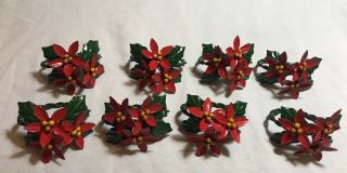 Red Poinsettia Metal Napkin Ring Holders Set Of 8