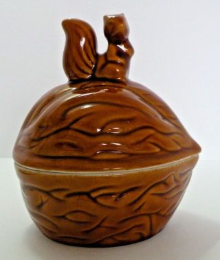 Nut Dish Canister Shaped Walnut With Squirrel On Top Lid Brown