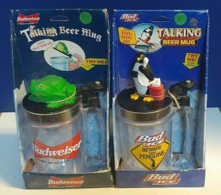Budweiser Bud Ice Talking Beer Mugs Penguin And Toad / Frog 1996 1997