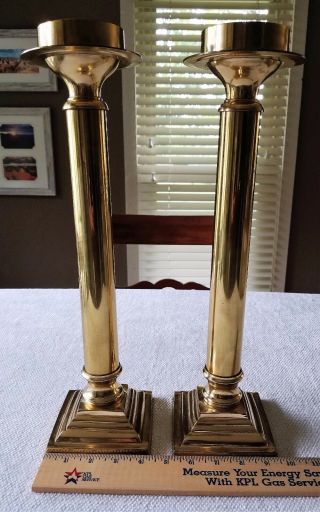 A Set Of 2 16.  5 " Tall Brass Candle Holders Vintage Brass