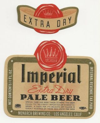 Monarch Brewing Imperial Pale Beer Label With Neck Irtp Los Angeles Ca