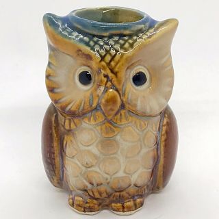 Ceramic Owl Toothpick Holder 2.  75” Tall Tan Brown Blue Kitchen Decor Collectible