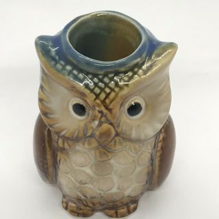 Ceramic Owl Toothpick Holder 2.  75” Tall Tan Brown Blue Kitchen Decor Collectible 2