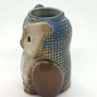 Ceramic Owl Toothpick Holder 2.  75” Tall Tan Brown Blue Kitchen Decor Collectible 3