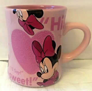 Disney Parks Minnie Mouse Mug Pink Glitter Heart Coffee Cup Authentic