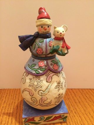 Jim Shore " Winter Friends " 2009 Snowman With Scarf & Hat Holds Cat 4013901