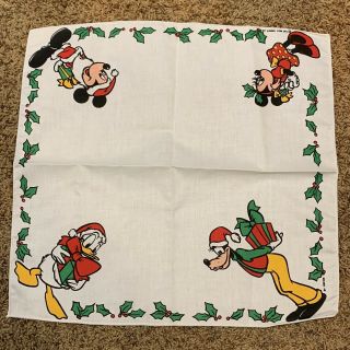 Vintage Disney Christmas Mickey Minnie Donald Goofy Linen Holly Napkin Rare
