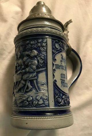 Vintage German Lidded Beer Stein Stoneware Salt Glaze Blue.  5 L