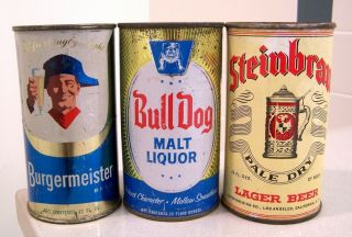 Burgermeister/bull Dog Malt Liquor/steinbrau Flat Top Beer Cans From Ca