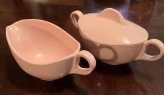 Vintage Pink Melmac Sugar Bowl With Handles & Lid Cream Pitcher