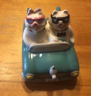 Clay Art Bobble Nodder Salt & Pepper Shakers Cats In Cadillac Car " Purr "