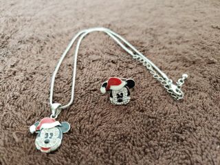 Disney Rhinestone And Enamel Santa Mickey Mouse Adjustable Ring & Necklace Set