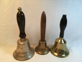 Three Medium Size School Bells With Wood Handles