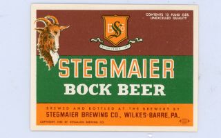 Vintage Stegmaier Brewing Co Beer Bottle Label 12 Ozwilkes Barre Pa Nos