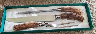 Latham & Owen Stag Carving Knife,  Fork And Sharpening Tool,  Sheffield England