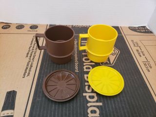 Vintage Tupperware Set Of 2 Stackable Coffee Cups W Coaster Harvest Brown Yellow