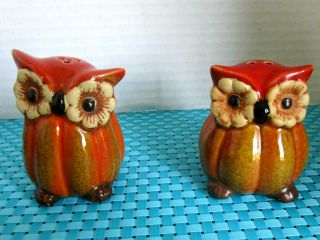 Pumpkin Owl Ceramic Salt And Pepper Shakers Fall Thanksgiving 2 - 3/4 " Tall