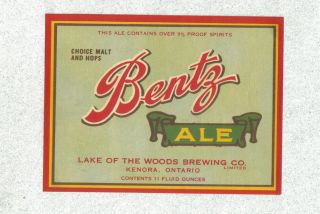 Beer Label - Canada - Bentz Ale - Lake Of The Woods Brg.  - Kenora,  Ontario