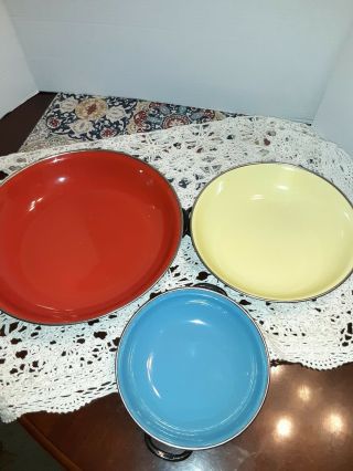 3 Vintage 60s Emo Celje Yugoslavia Enamel Ware Nest Dishes Bowls Red Blue Yellow