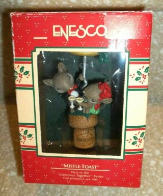 Htf 1989 Enesco Treasury Christmas Ornament " Mistle Toast " 2 Mice On Cork Screw