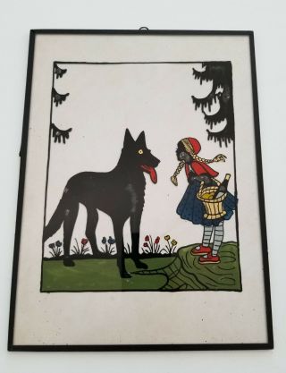 Vtg Art Deco Reverse Painted Glass Picture Wall Hanging Little Red Riding Hood