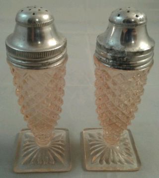 Vintage Pink Glass Salt And Pepper Shakers Set Metal Caps Lids