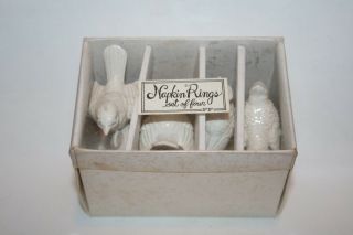 Fitz & Floyd White Porcelain Bird Shape Napkin Rings Set Of 4 Box