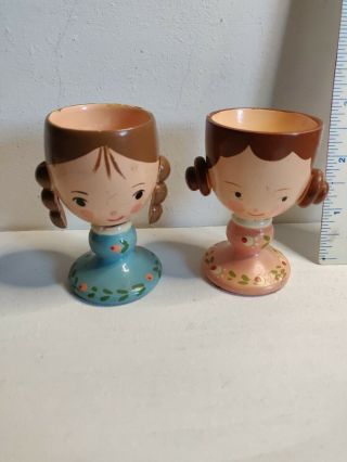Vintage Hand Painted Wood Egg Cup Girls 1950s Sevi Italy Italian Eggcup