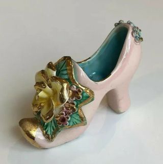Vintage Porcelain Miniature High Heel Shoe With Yellow Rose Mid Century