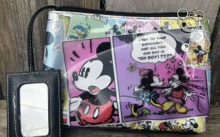 Mickey Mouse Comic Strip Plastic Zippered Cosmetic Purse With Small Mirror