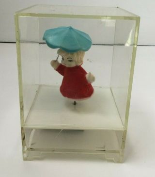 Vintage Music Box Japan Clear Plastic Box Girl Blue Umbrella Raindrops Falling