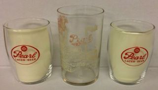 2 Vintage Pearl Lager Beer Barrel Glasses,  1 Pearl San Antonio Brewery Assn Glass