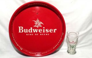 Vintage Budweiser Beer Red Metal " King Of Beers " Tray & Matching Tapper Glass