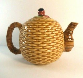 Vintage Small 6 " Teapot Ceramic Bamboo Floral Infuser Woven Beehive 2 Cup Cute