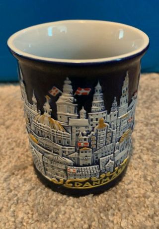 Denmark Danish Blue Porcelain Cityscape Embossed Cup Mug Coffee Tea Souvenir