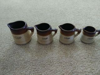 Set Of 4 Brown Clay Stoneware Crock Style Measuring Cups 1,  3/4,  1/2 And 1/4 Cup