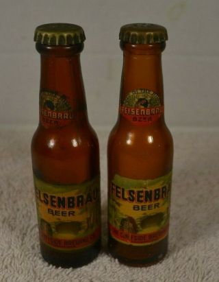 2 Felsenbrau Mini Glass Beer Bottles Salt & Pepper Clyffside Brewery Cincinnati