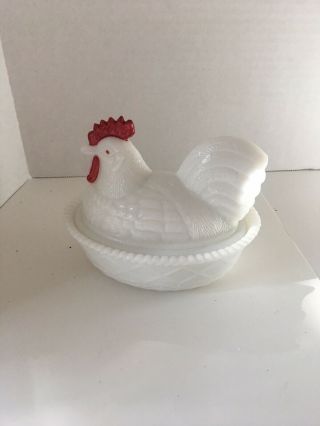 Hen On Nest Chick Open Salt Cellar L E Smith Crystal Painted White Vintage