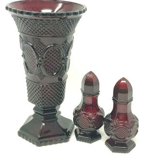 Vtg.  1876 Cape Cod Ruby Red Glass Vase 8”with Salt And Pepper Shakers Avon