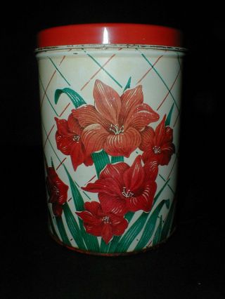 Nc Colorware Red Flowers Lithograph Metal Tin Tea Canister W Red Lid 1950s