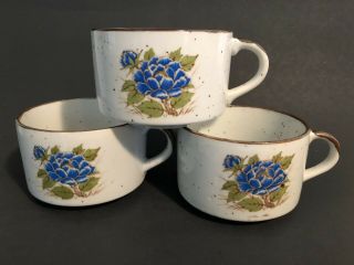 Vtg Set Of 3 Otagiri Speckled Stoneware Coffee Soup Chili Mugs Blue Flowers Rose