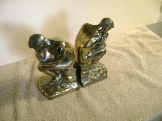 Vintage 1928 Brass Plated Bronze The Thinker Bookends 7 " Metal Art Deco Statue