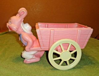 Vintage Easter Bunny Rabbit Pulling Wagon Cart - Pink Plastic Blow Mold Planter