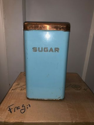 Vintage Lincoln Beautyware Turquoise Sugar Metal Canister