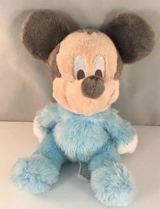 Disney Parks Baby Mickey Mouse Plush Rattle Blue Fuzzy Stuffed Animal 9”