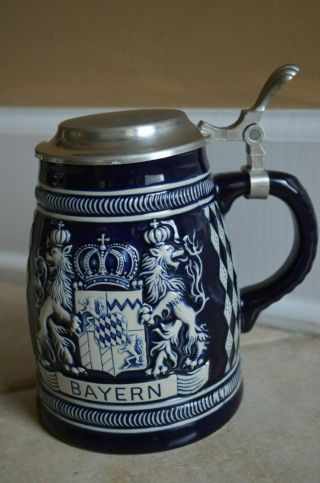 Blue Bayern Bavaria German Beer Stein Mug Made In Germany 6 " Tall