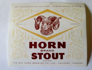 Old Canada Beer Label Big Horn Brewing Co Ltd Horn Brand Stout Calgary Alberta