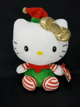 Hello Kitty Christmas Plush Stuffed Animal Red White Striped Sanrio 6 " Gold Bow